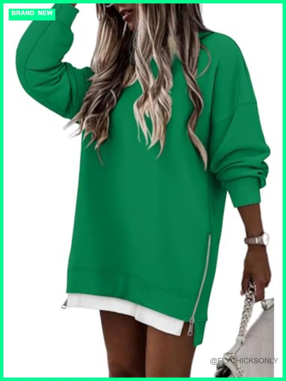 Oversized Crewneck Sweatshirt Side Zipper Split Pullover Loose Fit Tunic